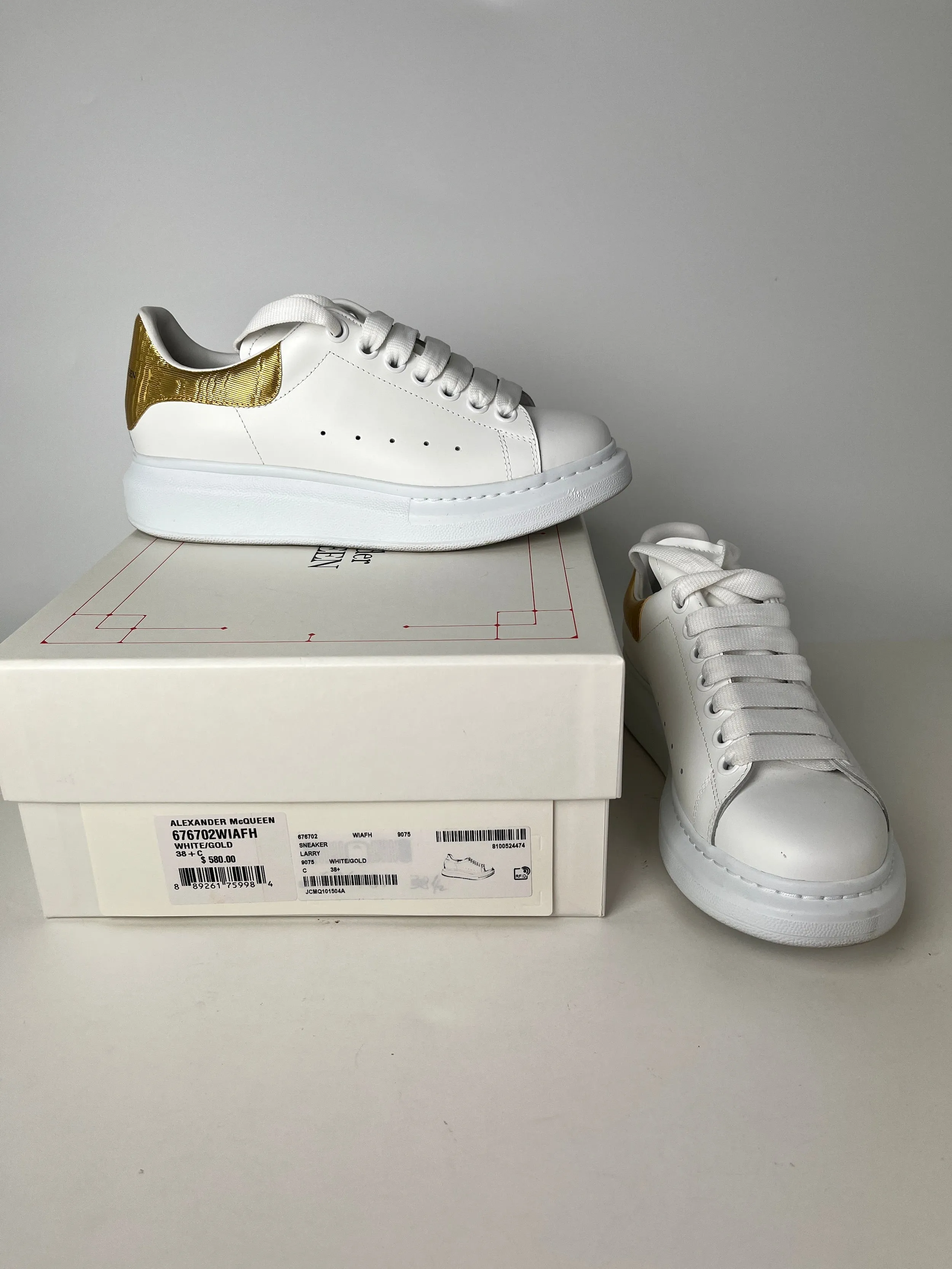 Alexander McQueen Larry White Gold Leather Platform Sneakers 38.5 7