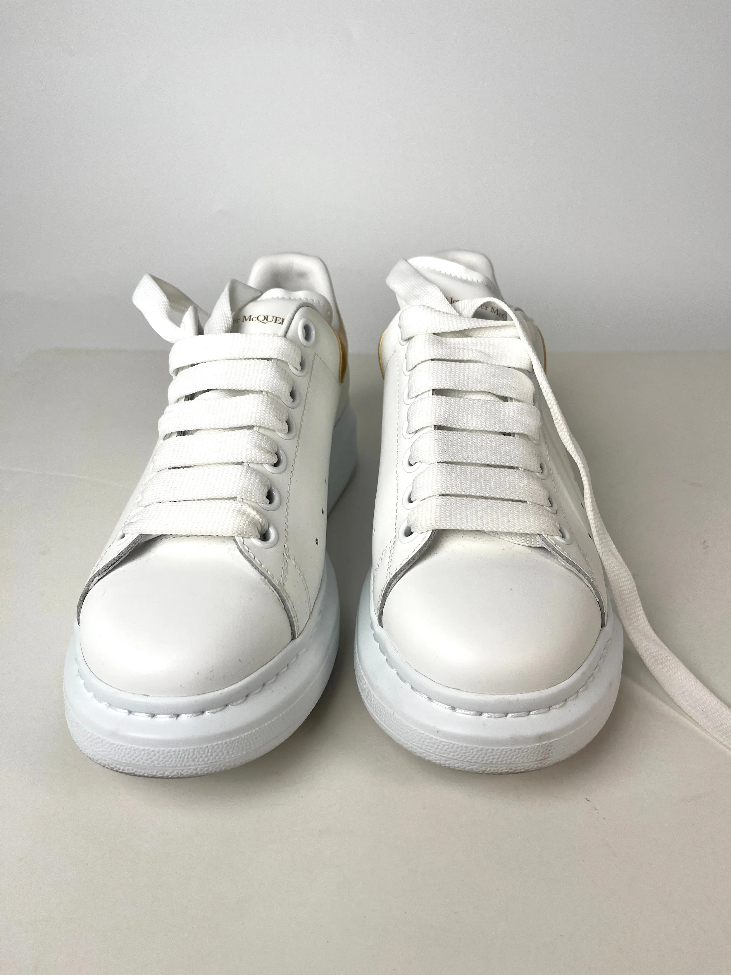 Alexander McQueen Larry White Gold Leather Platform Sneakers 38.5 7