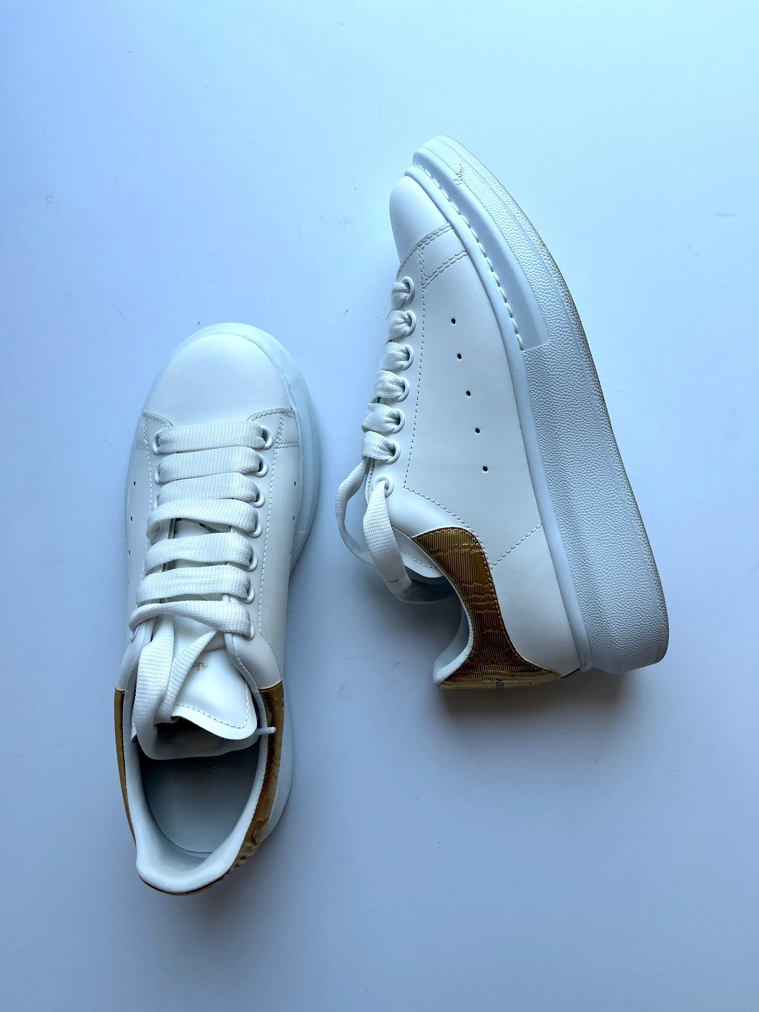 Alexander McQueen Larry White Gold Leather Platform Sneakers 38.5 7