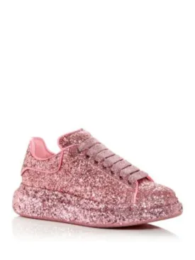 ALEXANDER MCQUEEN Womens Pink Glitter Metallic Laces Leather Trim Padded Glitter Round Toe Platform Lace-Up Sneakers Shoes