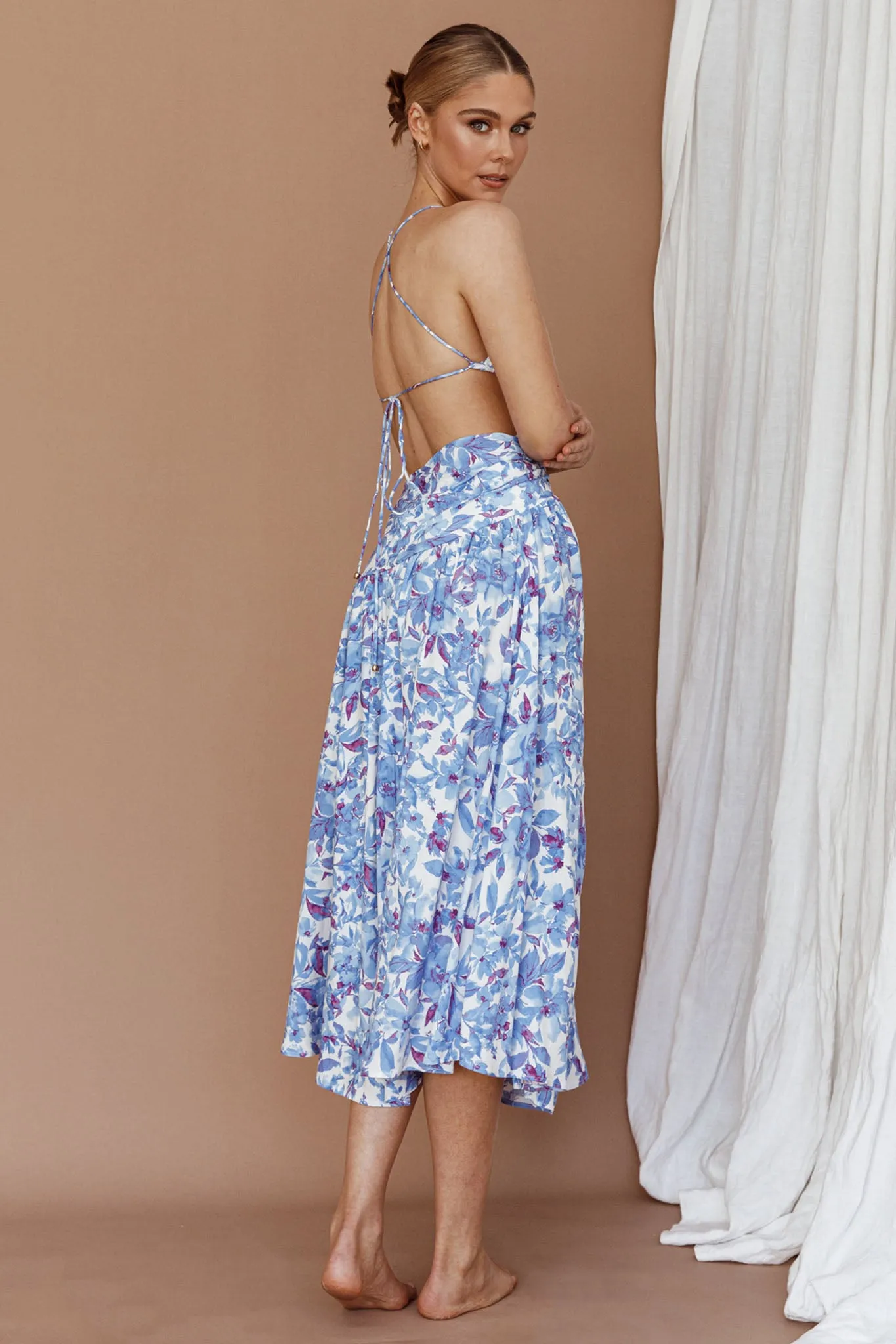Destination Open Back Midi Dress Floral Blue