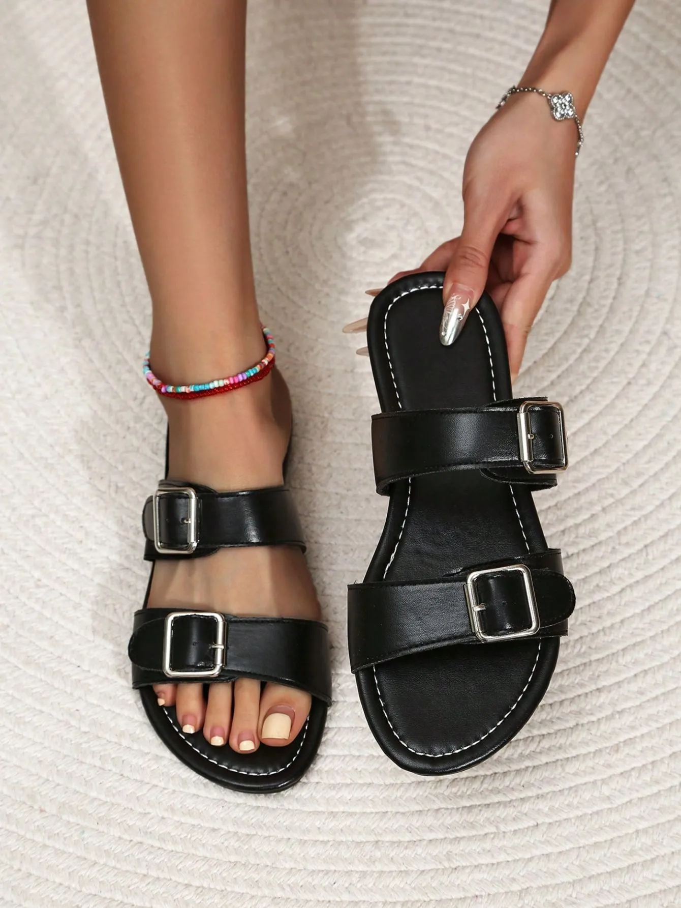 Double Metal Buckle Round Toe Comfortable Outdoor Casual Flat Slippers