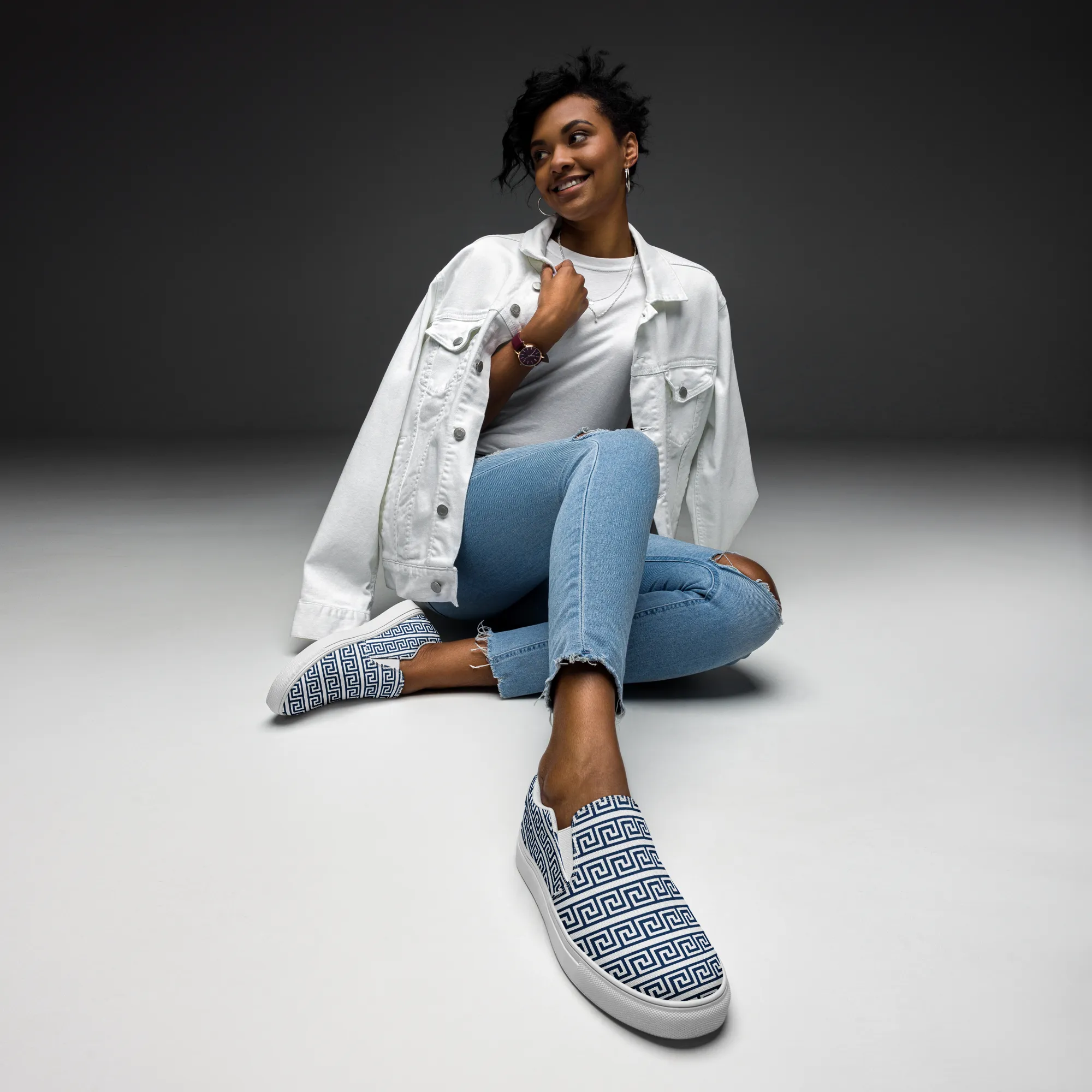 The Key Greek White Womens slip-on canvas shoes