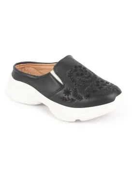 Women Black Floral Print Embroidery Design Back Open Slip On Mules Shoes