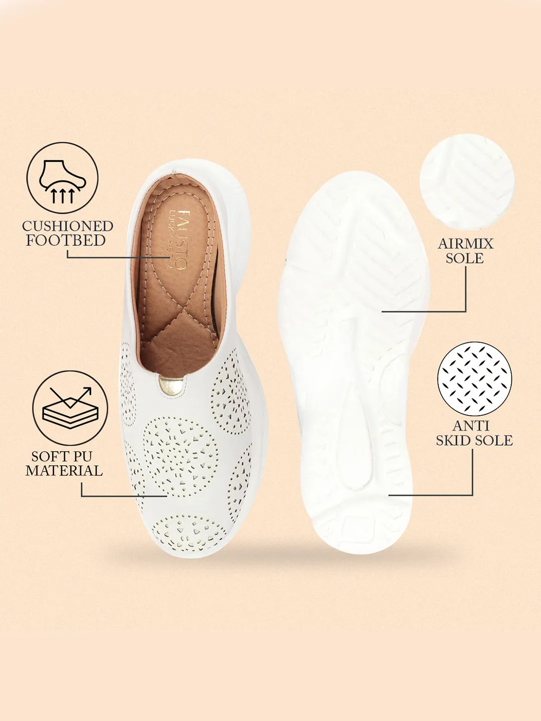 Women White Laser Cut Design Back Open Slip On Mules Shoes